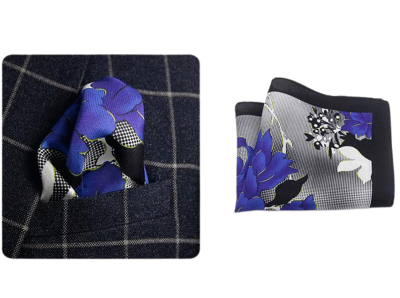 124 Blue Flower Dark Silver Silk Hankie
