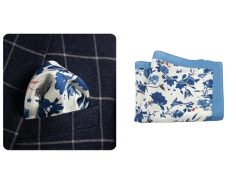 124 White and Blue Floral Silk Hankie