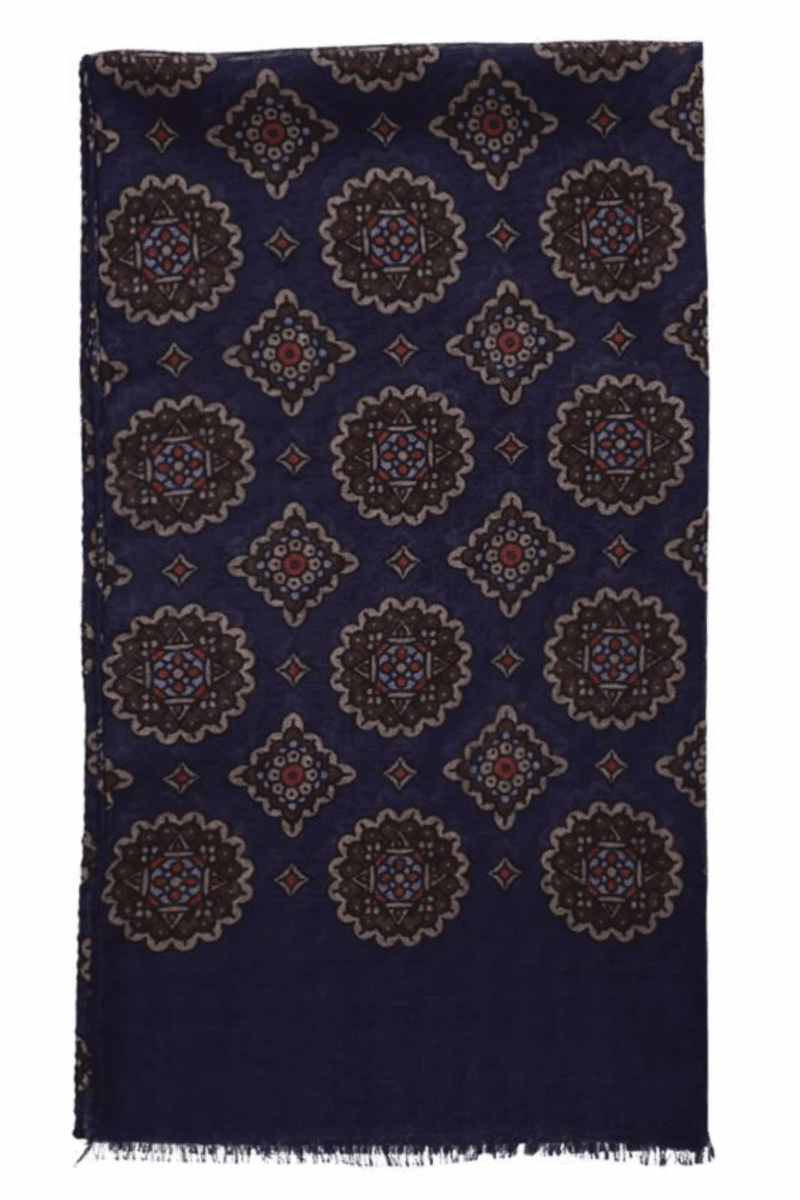 Navy Patterned Wool Scarf