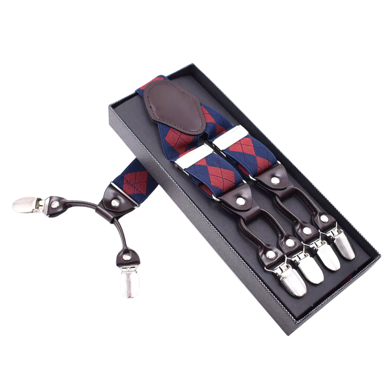 Navy and Red Argyle Suspenders